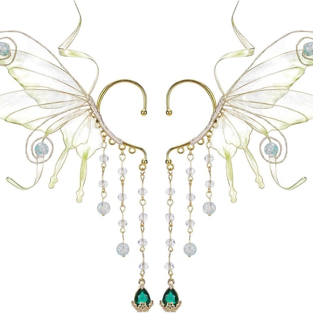 Fairy Elf Ear Cuffs Butterfly Wings Glass Beads Tassel Non Pierced